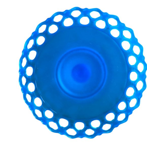 Vintage Westmoreland Elegant Glass Blue Satin Mist Doric Open Lace Console Set - Picture 6 of 16